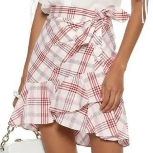 Veronica Beard Kaia White and Pink Plaid Asymmetrical Tiered Ruffle Mini Skirt. - Picture 1 of 13